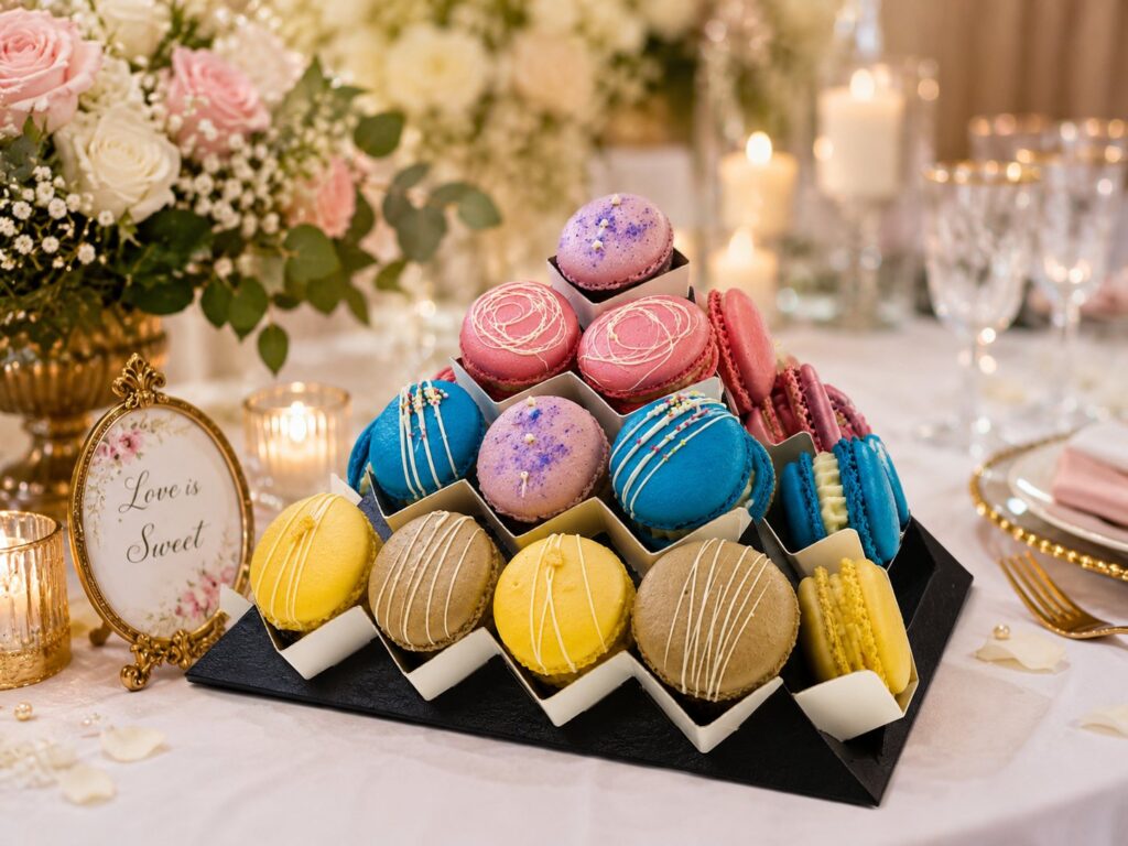 A colourful pyramid of handcrafted French macarons arranged in a premium display stand by Box of Nom.