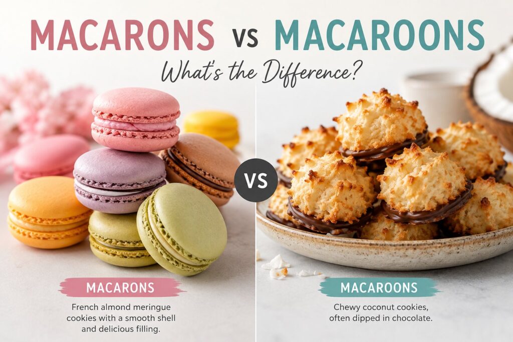 French macarons vs macaroons, displayed side by side, illustrating the differences between the two popular desserts.