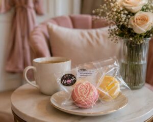 Cup of coffee served with individually wrapped Box of Nom macarons on a table in a boutique guest room, creating a warm and welcoming hospitality experience.