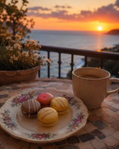 Handcrafted Box of Nom macarons served with a cup of coffee on a balcony overlooking the ocean at sunset.