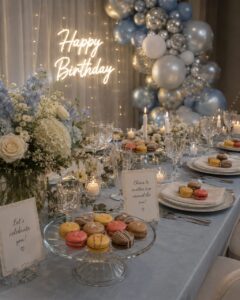 Elegant birthday celebration table featuring handcrafted Box of Nom macarons, floral centrepieces, candles and a glowing "Happy Birthday" sign.