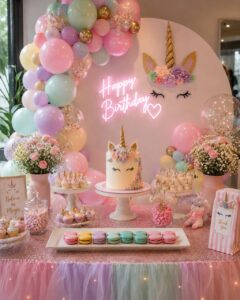 Pastel unicorn-themed birthday dessert table featuring handcrafted Box of Nom macarons, unicorn cake, cupcakes, balloons and elegant party decorations.