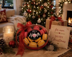 Christmas macaron gift box by Box of Nom with festive red ribbon, holiday décor, candles, presents and a beautifully decorated Christmas tree.
