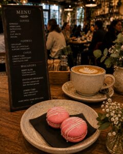 Pink handcrafted French macarons served with a latte in a stylish café, showcasing the perfect coffee and macaron pairing.