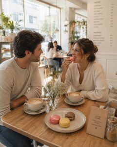 Couple enjoying handcrafted Box of Nom macarons with coffee in a bright café, sharing a relaxed moment together.