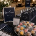 Corporate event welcome table featuring individually wrapped Box of Nom macarons, conference delegate packs, branded gift bags and premium event refreshments.