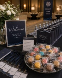 Corporate event welcome table featuring individually wrapped Box of Nom macarons, conference delegate packs, branded gift bags and premium event refreshments.