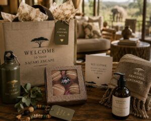 Luxury safari lodge welcome gift featuring a Box of Nom macaron gift box alongside premium guest amenities in a stylish African safari setting.