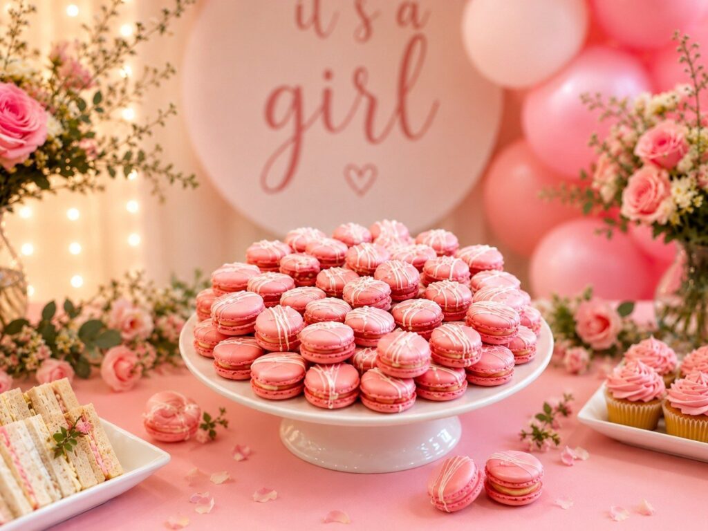 Box of Nom Pink Macarons for Baby Shower Dessert Table