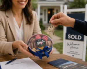 Real estate agent presenting a Box of Nom macaron gift as new homeowners receive the keys to their new home.