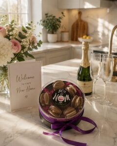 Box of Nom luxury macaron gift box displayed with champagne, welcome card and flowers in a beautifully styled new home kitchen.