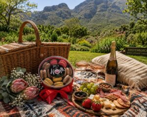 Luxury picnic featuring a Box of Nom macaron gift box alongside champagne, a gourmet cheese board and fresh flowers with the mountains of Kirstenbosch Botanical Garden in the background.