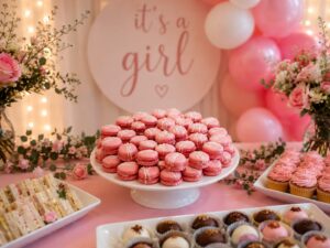 Beautiful baby girl shower dessert table featuring pink macarons, cupcakes, sweet treats and floral decorations beneath an "It's a Girl" backdrop with pink balloons.