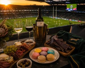 Premium stadium hospitality experience featuring Box of Nom handcrafted macarons served alongside a gourmet cheese board, biltong, wine and rugby field views during a Springboks match.