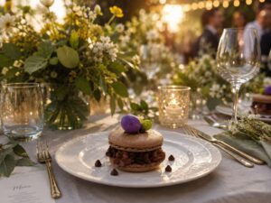 Elegant outdoor celebration featuring a gourmet chocolate-filled macaron dessert topped with decorative chocolate eggs, served on a beautifully styled table with fresh flowers and candlelight at sunset.