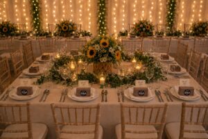 Elegant wedding reception with candlelit tables, sunflower centrepieces and individual Box of Nom gourmet macaron favour boxes placed at each guest setting.
