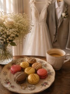 A bridal morning scene featuring gourmet macarons on a vintage floral plate with wedding rings, fresh flowers, coffee, and the bride's dress and groom's suit in the background.