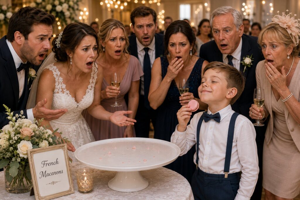 Wedding guests react in shock after a child takes the last macaron, illustrating how many macarons to order for a wedding.