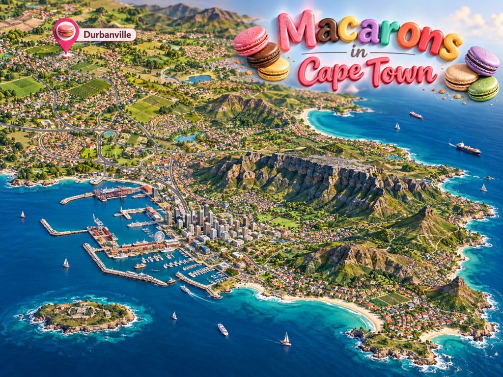 3D illustrated map of Cape Town showing Durbanville and the surrounding Cape Town area, with a colorful “Macarons in Cape Town” heading.